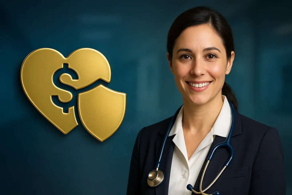 Home Insurance ZENITH “Tax Inflation Adjustments 2026: Impact on Health Insurance — professional female healthcare policy analyst with stethoscope beside a metallic gold heart and dollar shield icon symbolizing IRS 2026 tax inflation adjustments and their impact on ACA Premium Tax Credits.