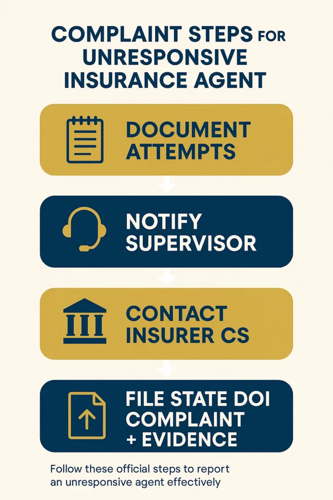 Unresponsive Insurance Agent: What to Do When Your Agent Won't Respond in 2025 Unresponsive Insurance Agent step flow diagram for filing complaints about an Unresponsive Insurance Agent