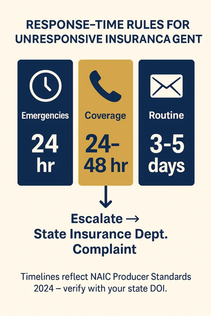 Unresponsive Insurance Agent: What to Do When Your Agent Won't Respond in 2025 Unresponsive Insurance Agent timeline chart of response deadlines for Unresponsive Insurance Agent cases