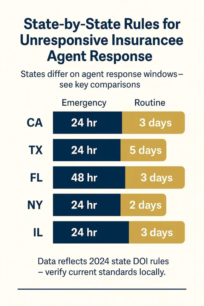 Unresponsive Insurance Agent: What to Do When Your Agent Won't Respond in 2025 Unresponsive Insurance Agent US state comparison chart for Unresponsive Insurance Agent response deadlines