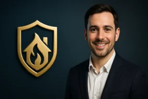Professional insurance advisor with gold wildfire protection icon — editorial banner for wildfire insurance claims help article.