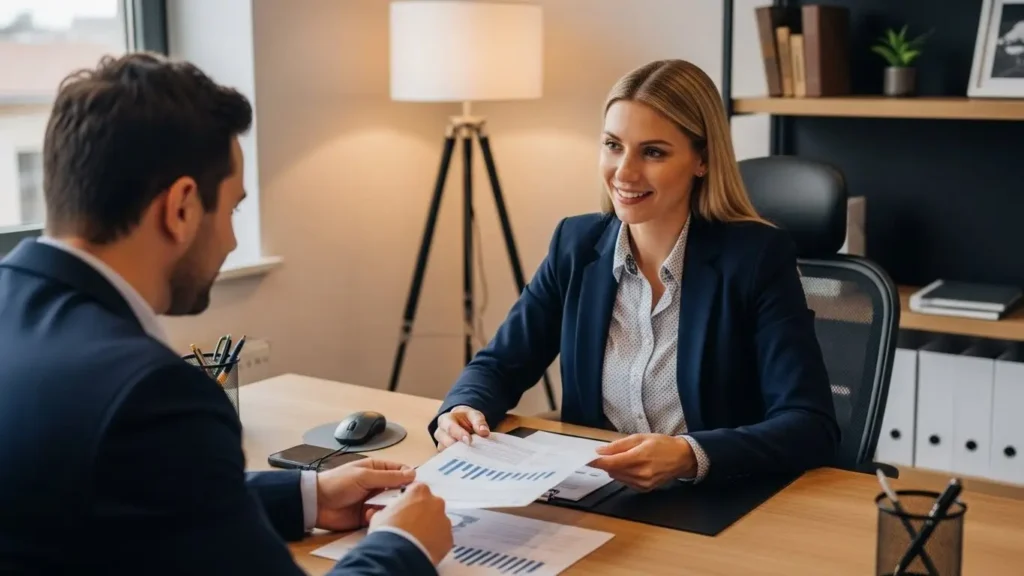 Financial advisor discussing documents with client in professional office setting