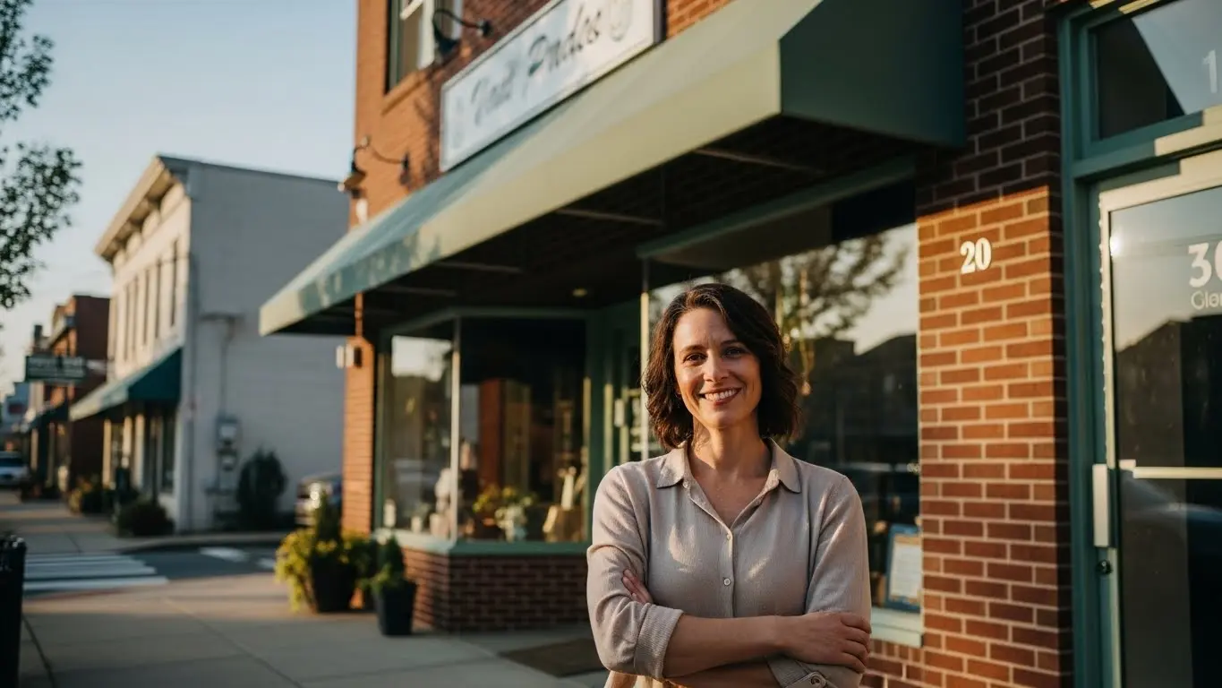 New Jersey small business owner standing confidently in front of local storefront