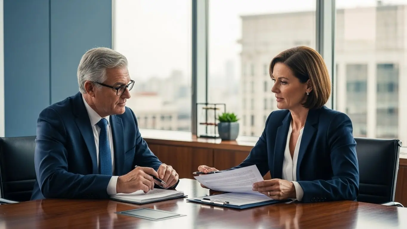 Business executive consulting with insurance advisor about umbrella coverage in professional office