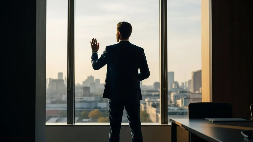 Confident business owner overlooking city representing secured umbrella insurance protection