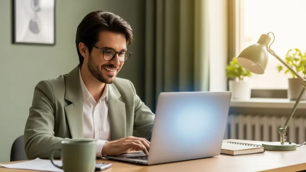 Satisfied business owner reviewing health insurance cost savings on laptop