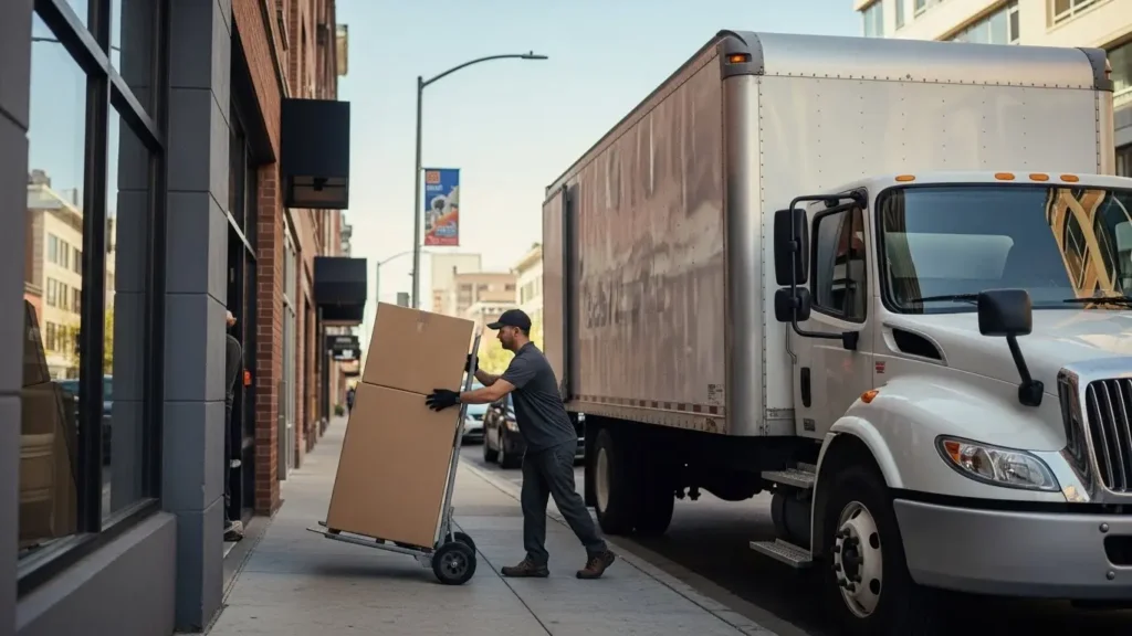 Professional commercial box truck driver making urban business delivery representing last-mile delivery operations