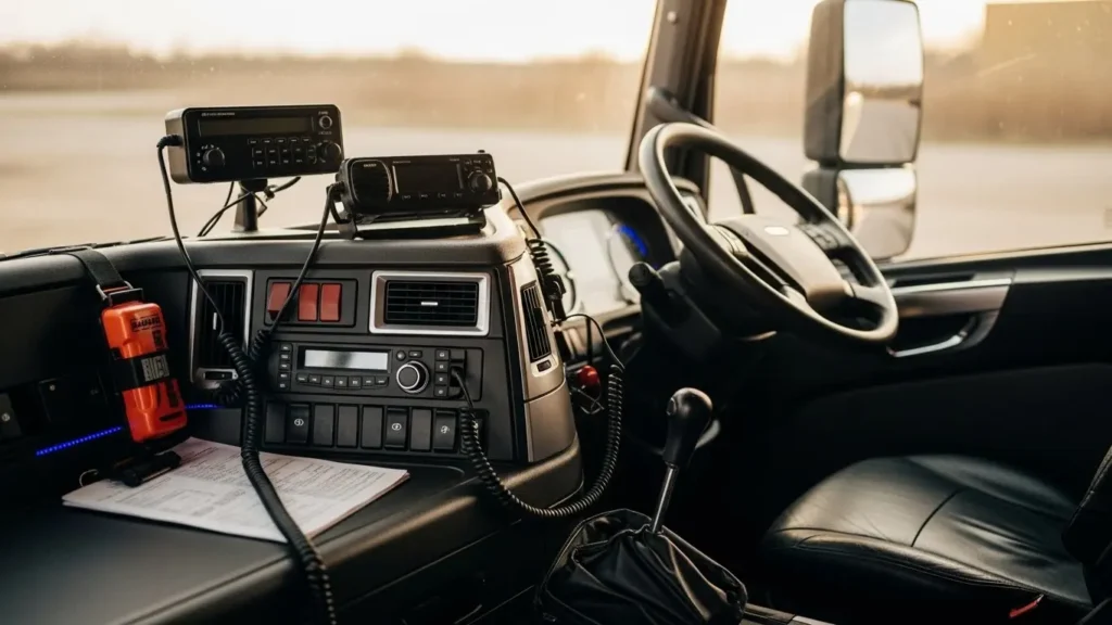 Modern commercial truck cab interior showing professional driver setup with safety equipment and organized dashboard