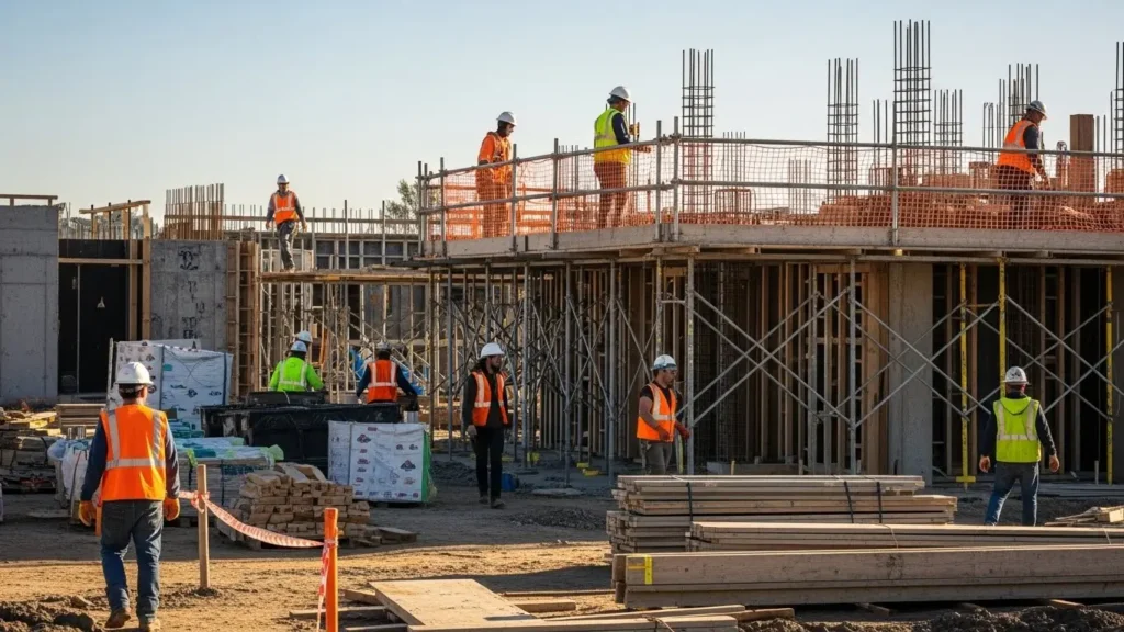 Active construction site with workers in safety equipment following proper protocols