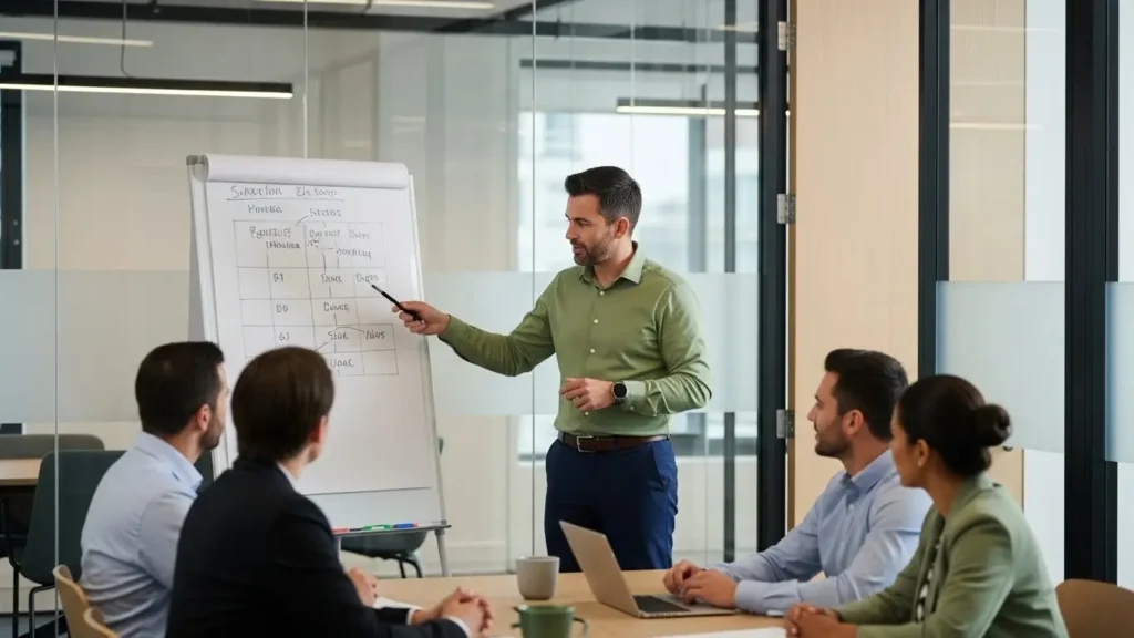 Business consultant leading strategy session with client team at whiteboard