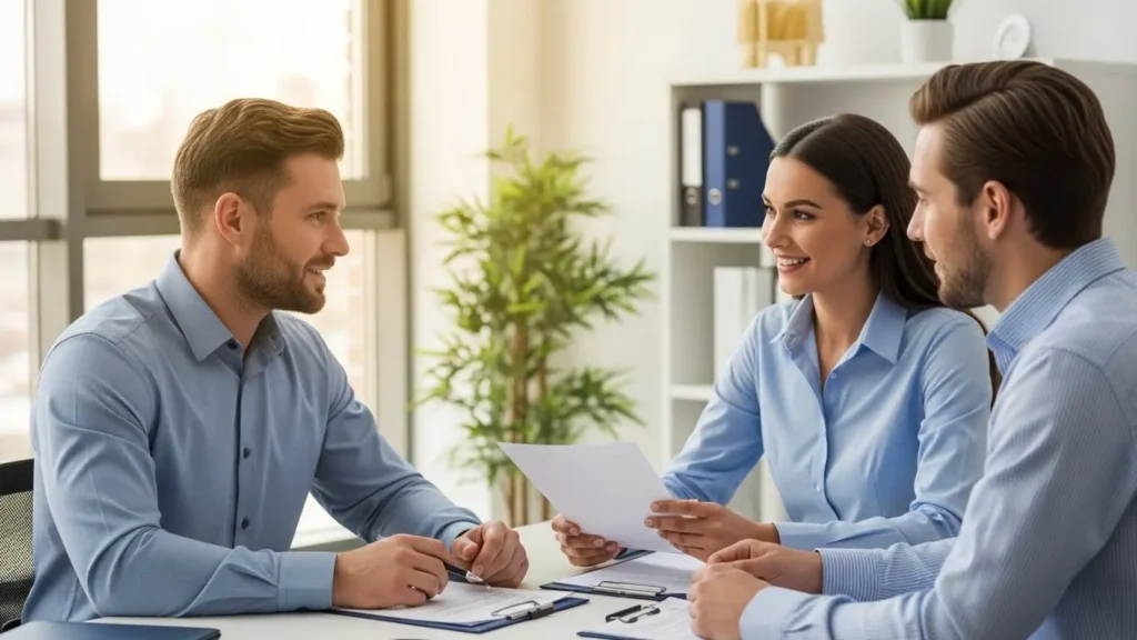 Contractor meeting with insurance professional to review coverage options in office