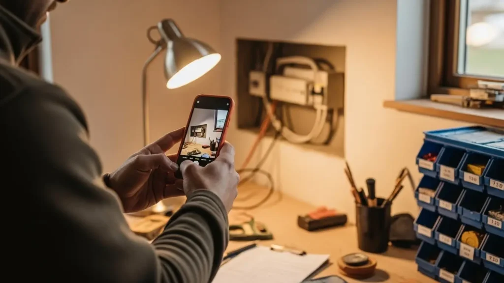 Contractor using smartphone to photograph and document completed electrical work