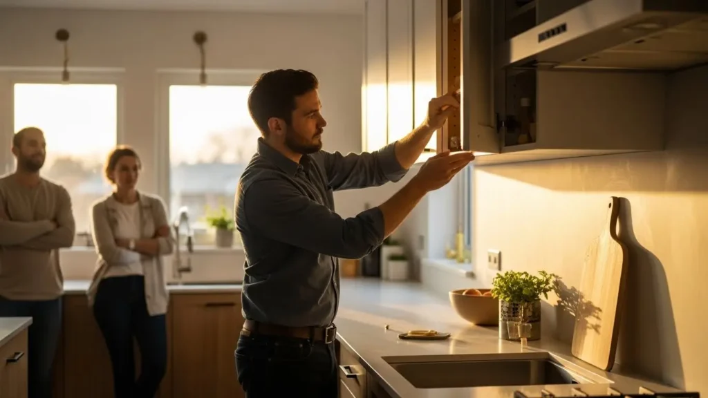 Contractor inspecting completed kitchen renovation with homeowner observing
