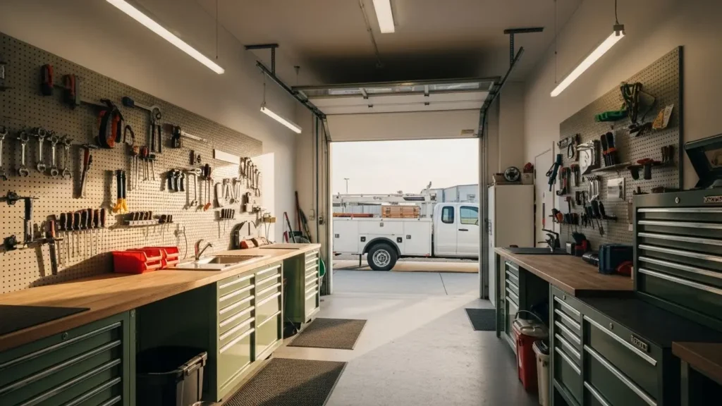 Organized electrical contracting company workshop with professional tools and work vehicle