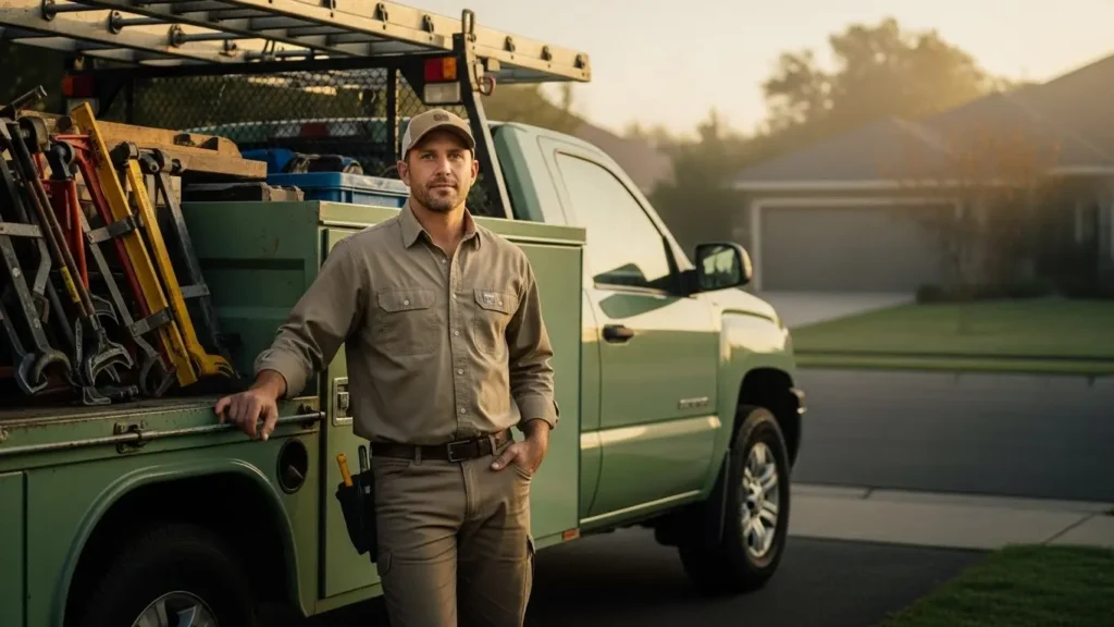 Confident contractor standing by organized work truck ready to start the day