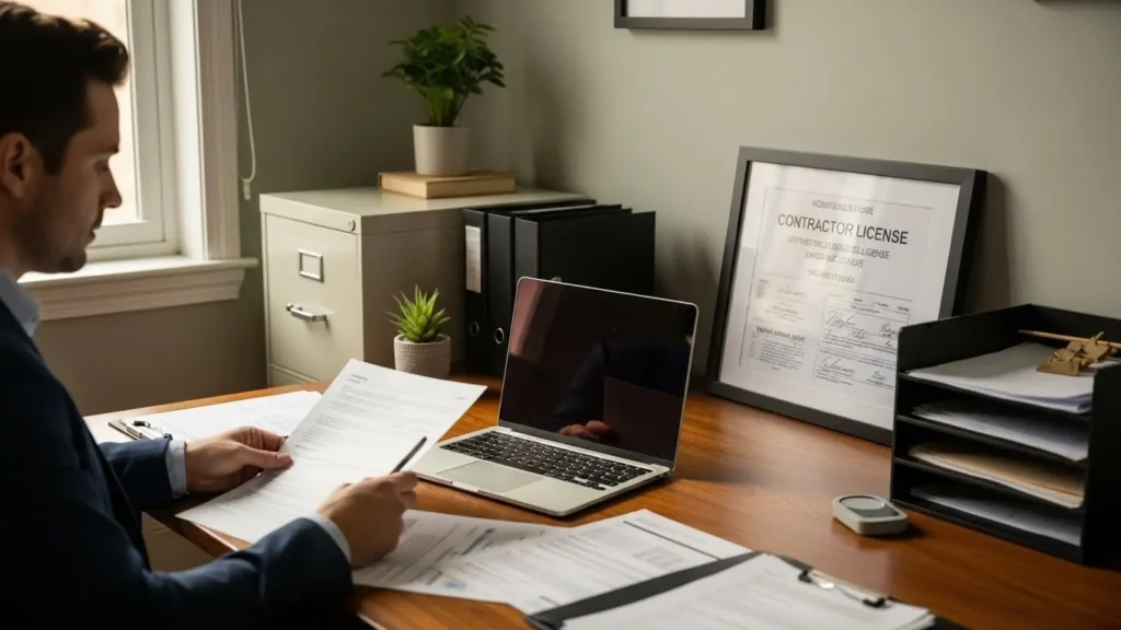 Contractor reviewing business compliance documents in organized professional office setting