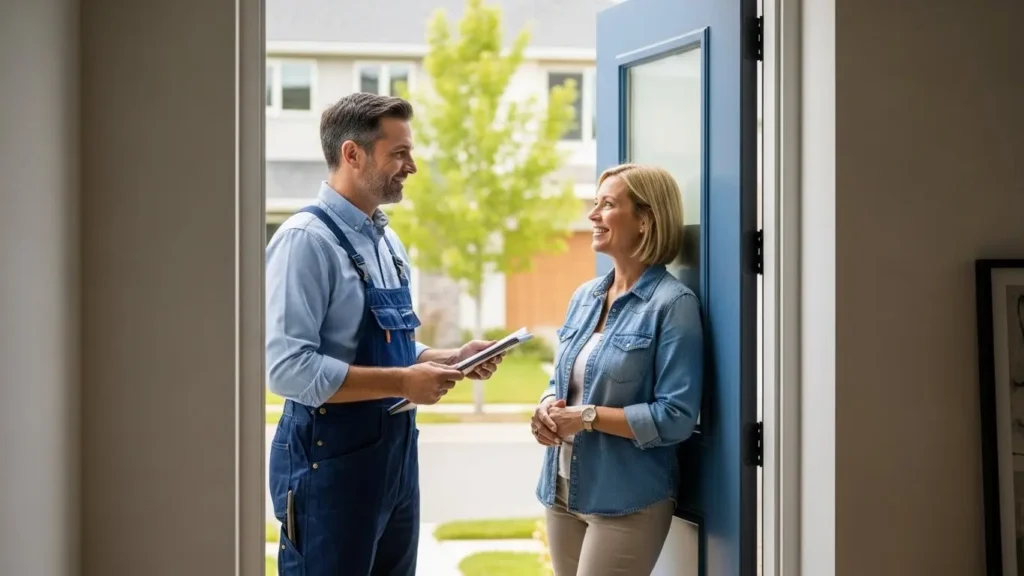 Professional contractor discussing project with homeowner at residential property entrance