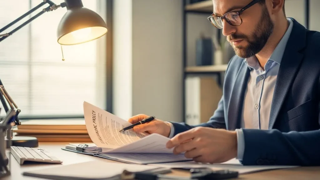 Professional carefully reviewing insurance policy documents at organized desk