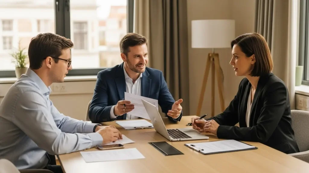 Professional advisor explaining documents to client during consultation meeting