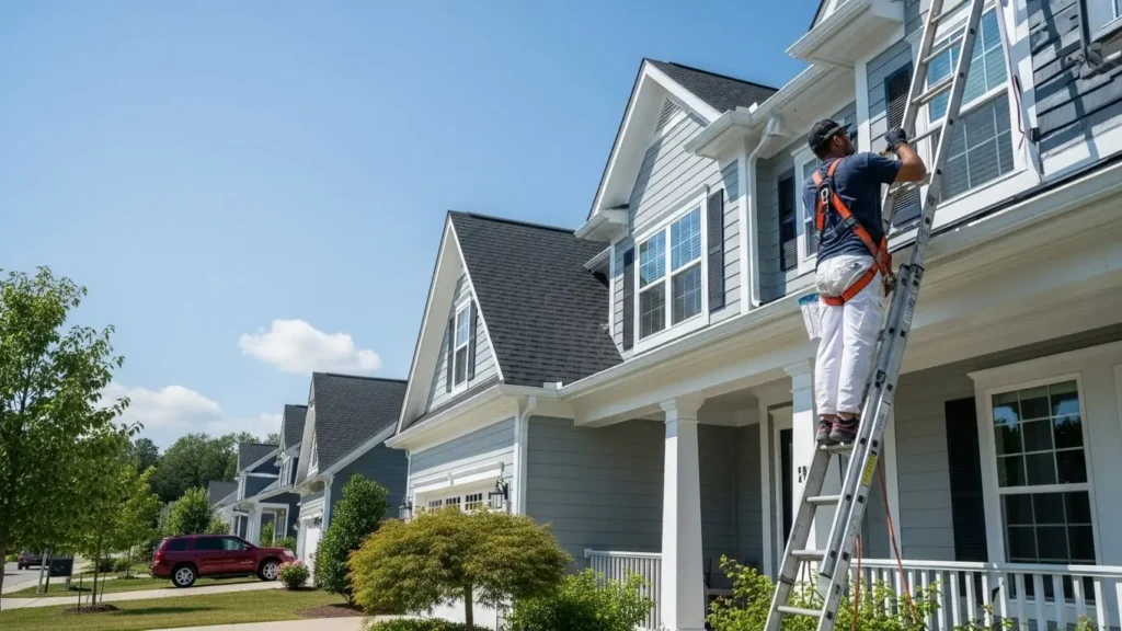 Professional painter safely working on ladder painting exterior trim of suburban home