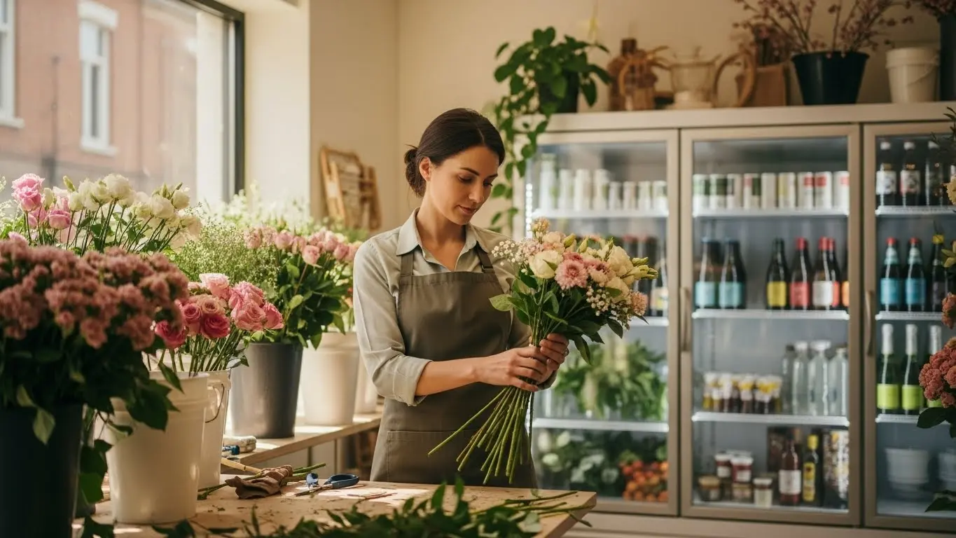 Professional florist arranging flowers at workstation in thriving flower shop with cooler displays