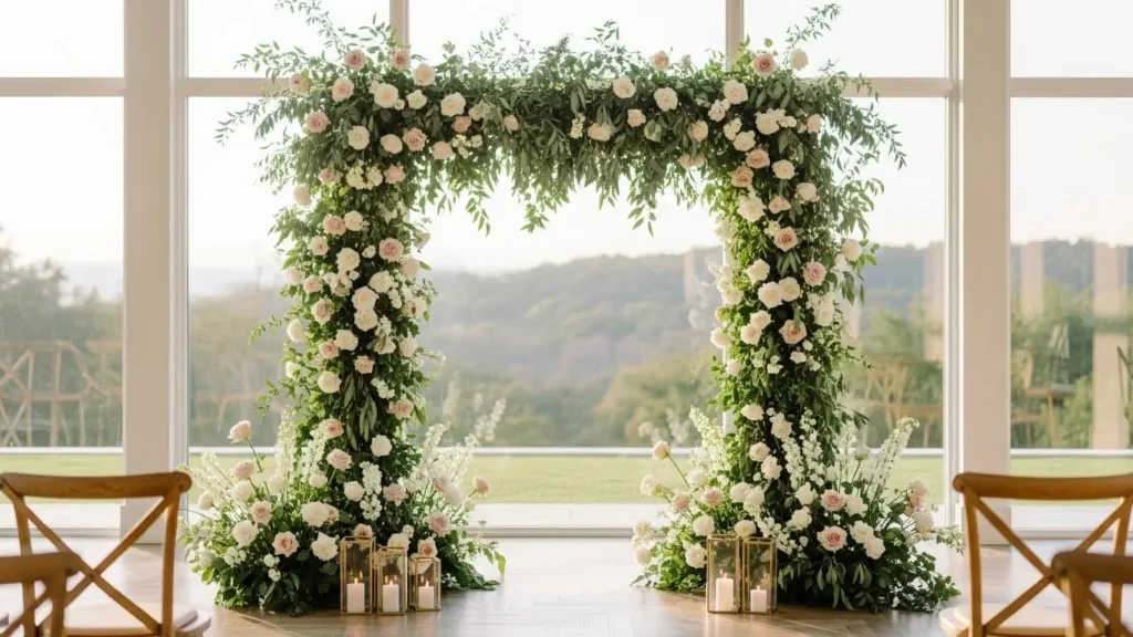 Elegant wedding ceremony floral arch installation with roses and greenery at venue