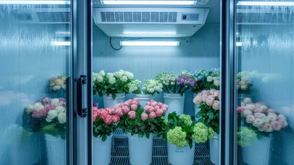 Commercial flower cooler interior with fresh roses and refrigeration equipment visible