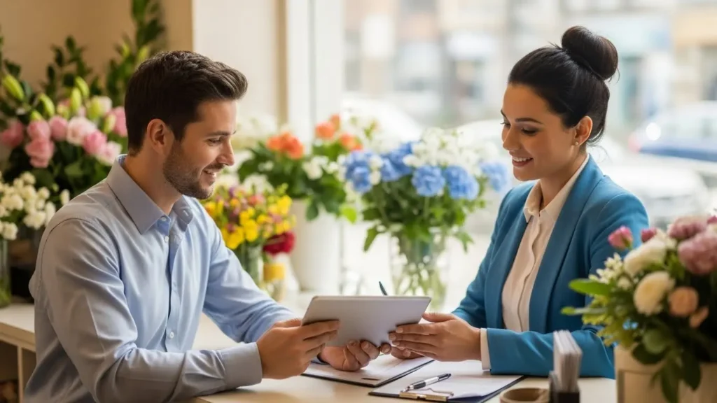 Florist owner consulting with insurance advisor at flower shop counter reviewing documents