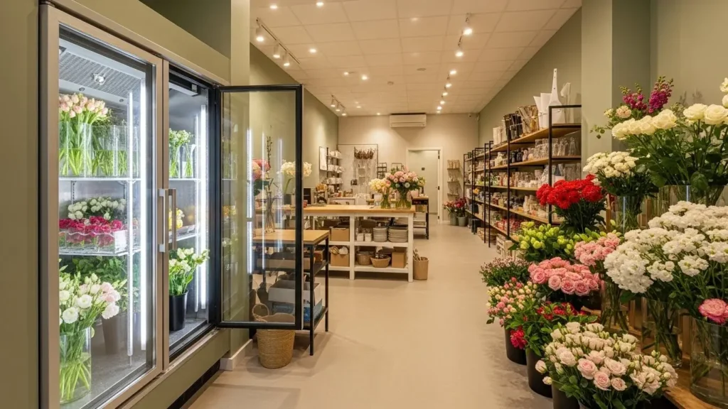 Beautiful flower shop interior with walk-in cooler displays and organized floral arrangements