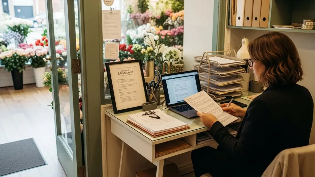Florist owner reviewing business documents at organized desk in flower shop back office