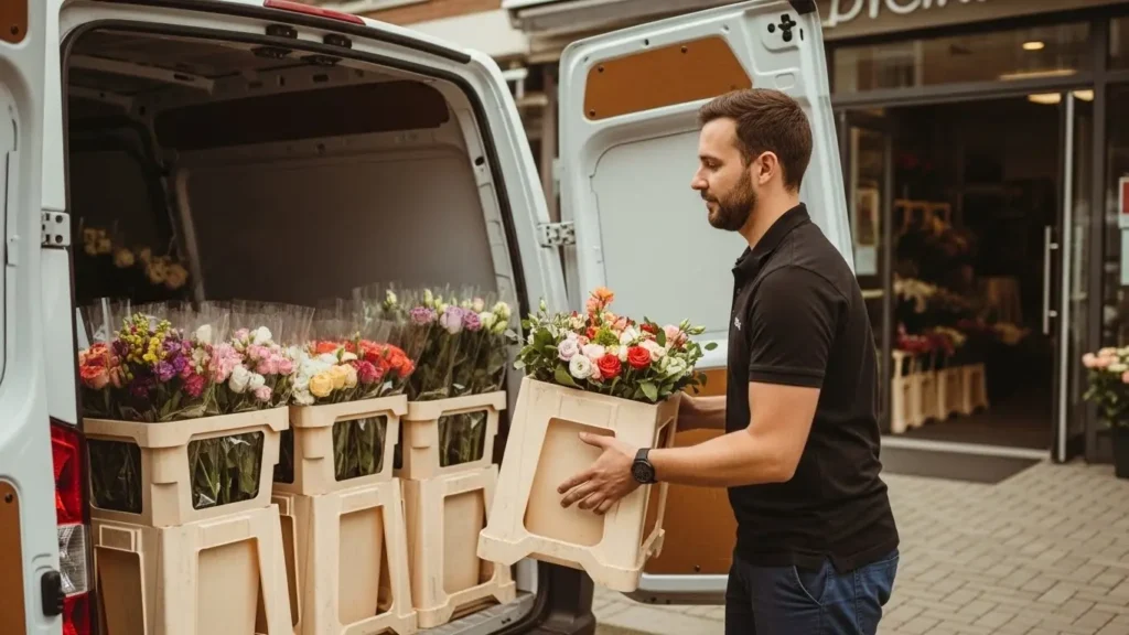 Florist delivery driver carefully loading floral arrangements into van outside flower shop