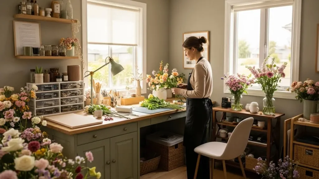 Home-based florist designer working at professional studio setup in residential space