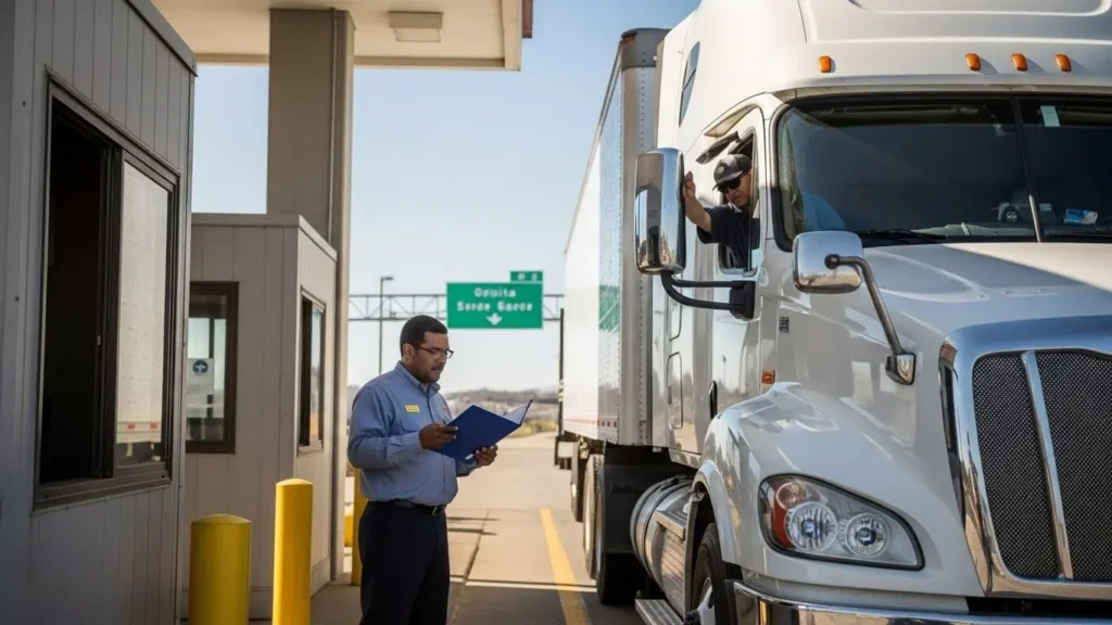 Commercial semi-truck at highway weigh station with professional driver demonstrating DOT compliance procedures
