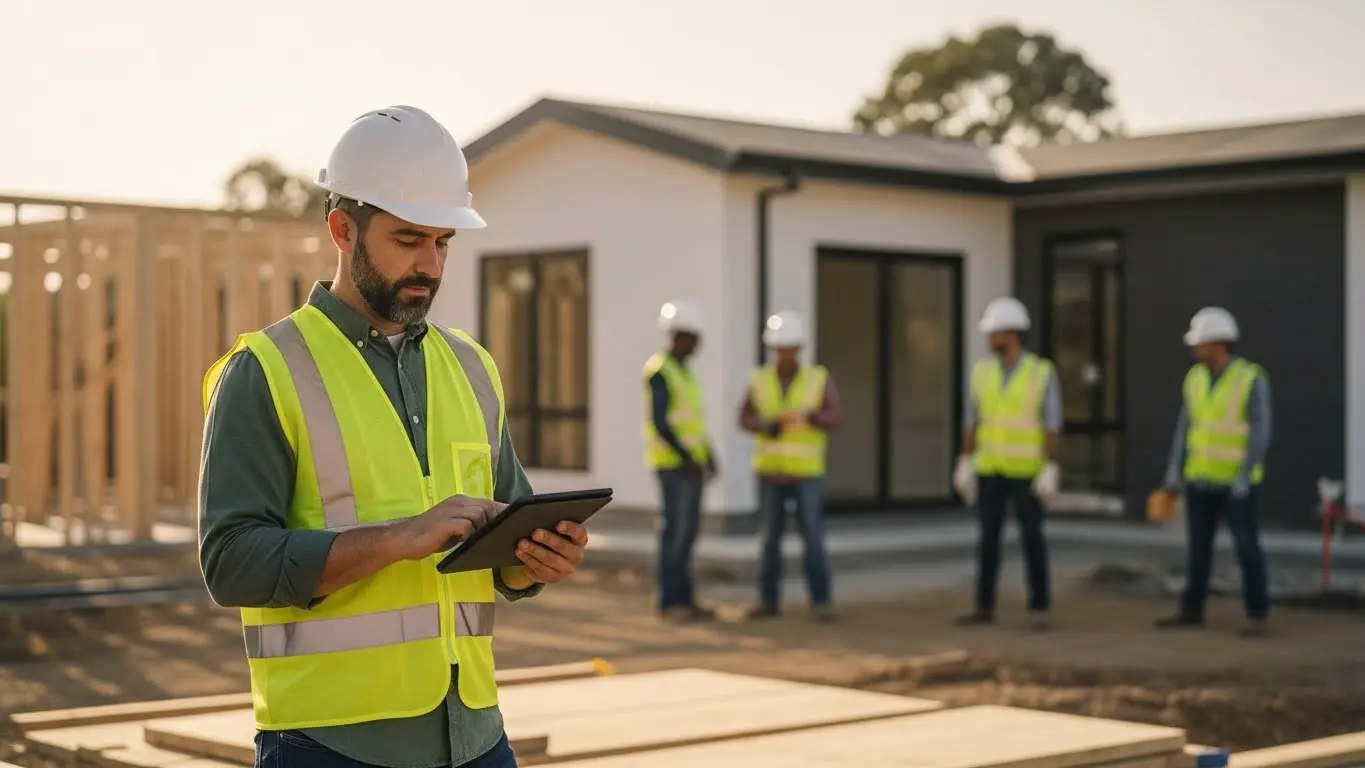 Professional contractor reviewing project on tablet at active construction site with safety equipment
