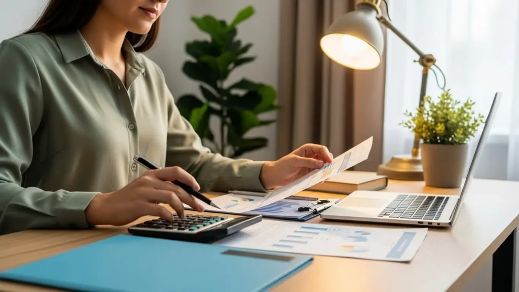 Business owner reviewing health insurance costs and financial planning documents at desk