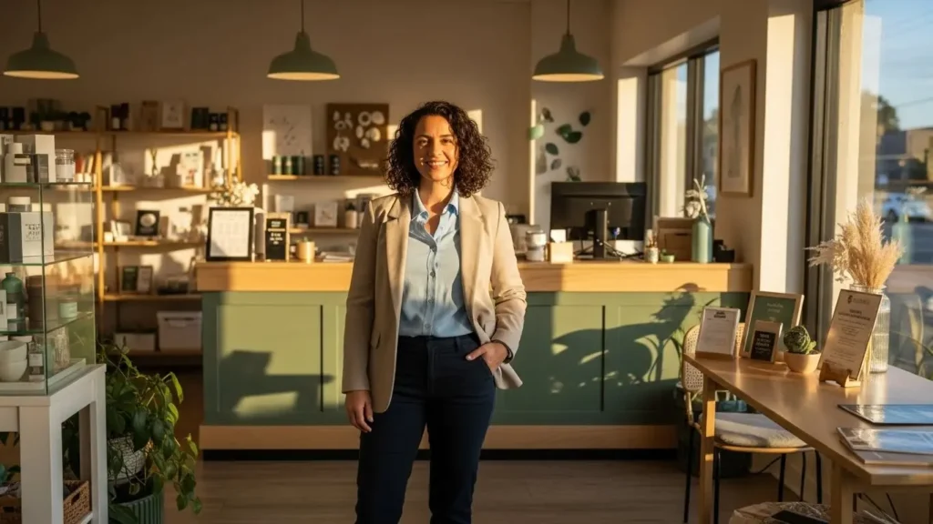 Confident business owner in thriving business environment representing complete protection strategy