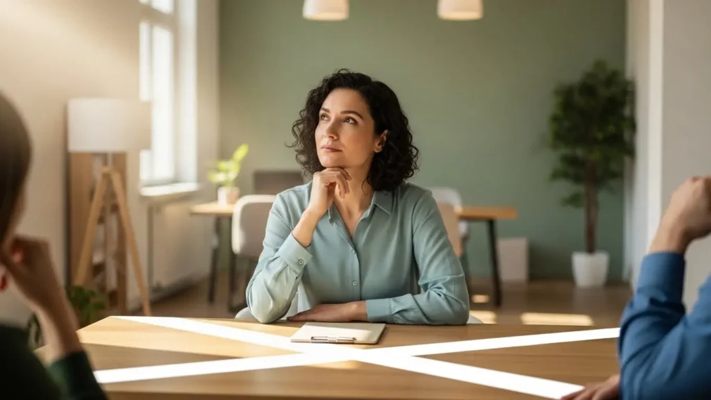 Business owner contemplating multiple health insurance coverage options in modern workspace