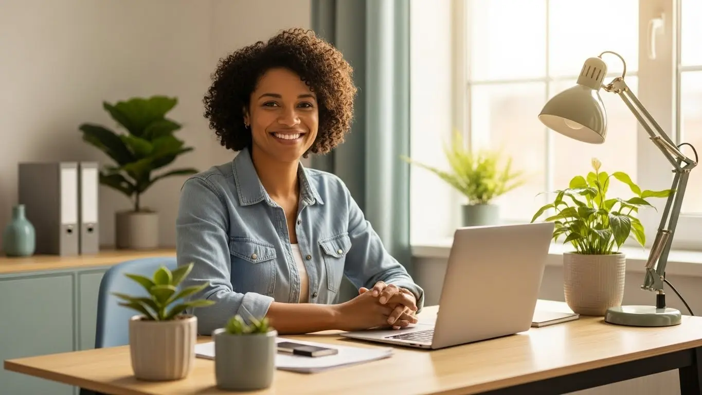 Confident small business owner in modern home office representing health and business success