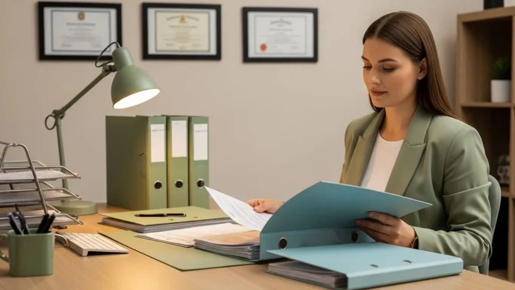 Business owner reviewing health insurance compliance documents in organized professional workspace