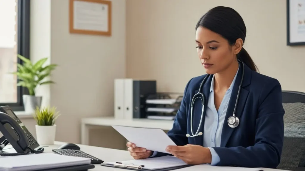 Healthcare professional reviewing documentation in modern medical office setting