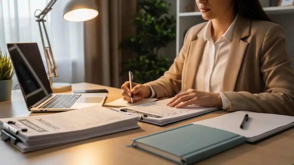 Business owner organizing documents and preparing to purchase liability insurance