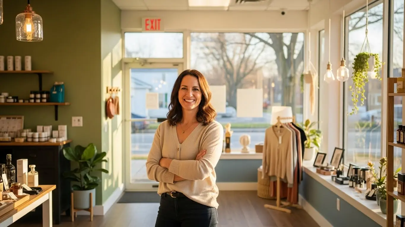 New Jersey small business owner standing confidently in organized retail shop