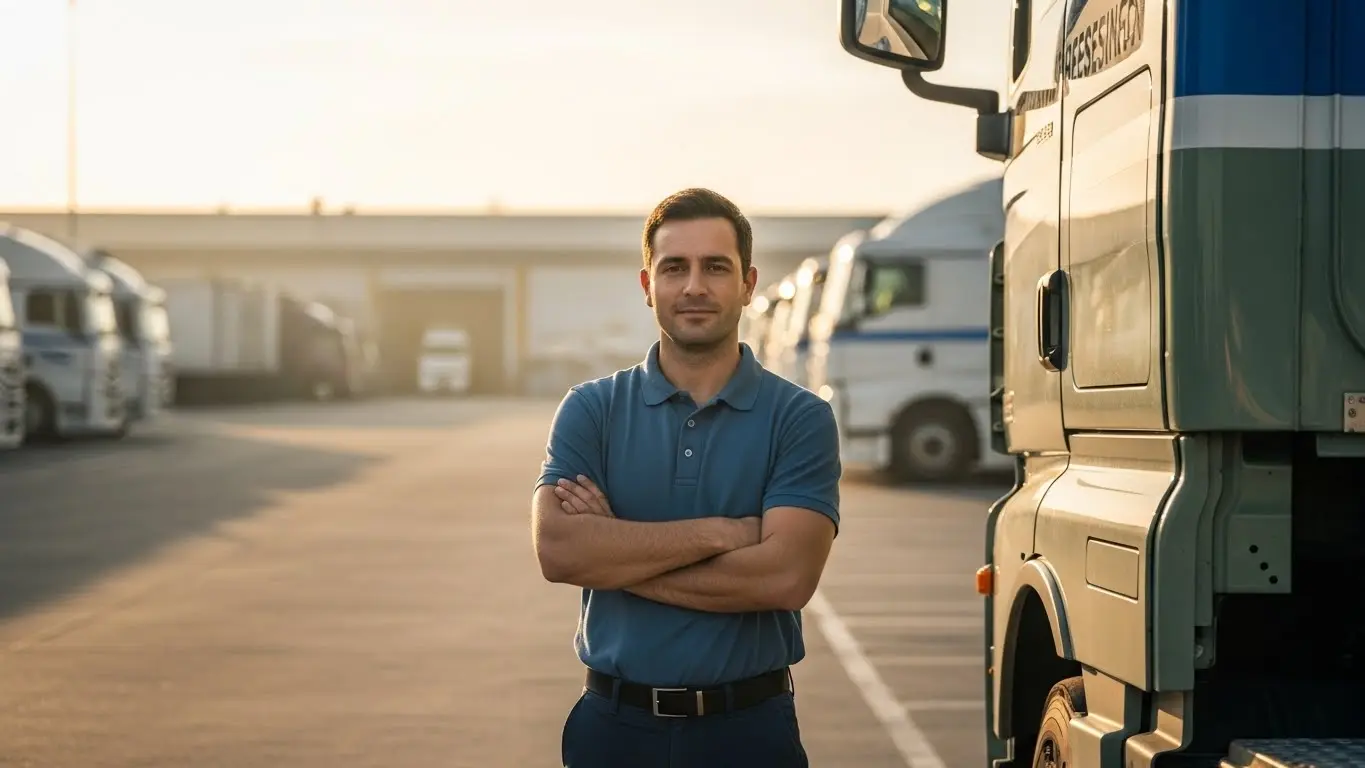 Professional truck driver standing confidently beside modern commercial semi-truck at logistics terminal during golden hour