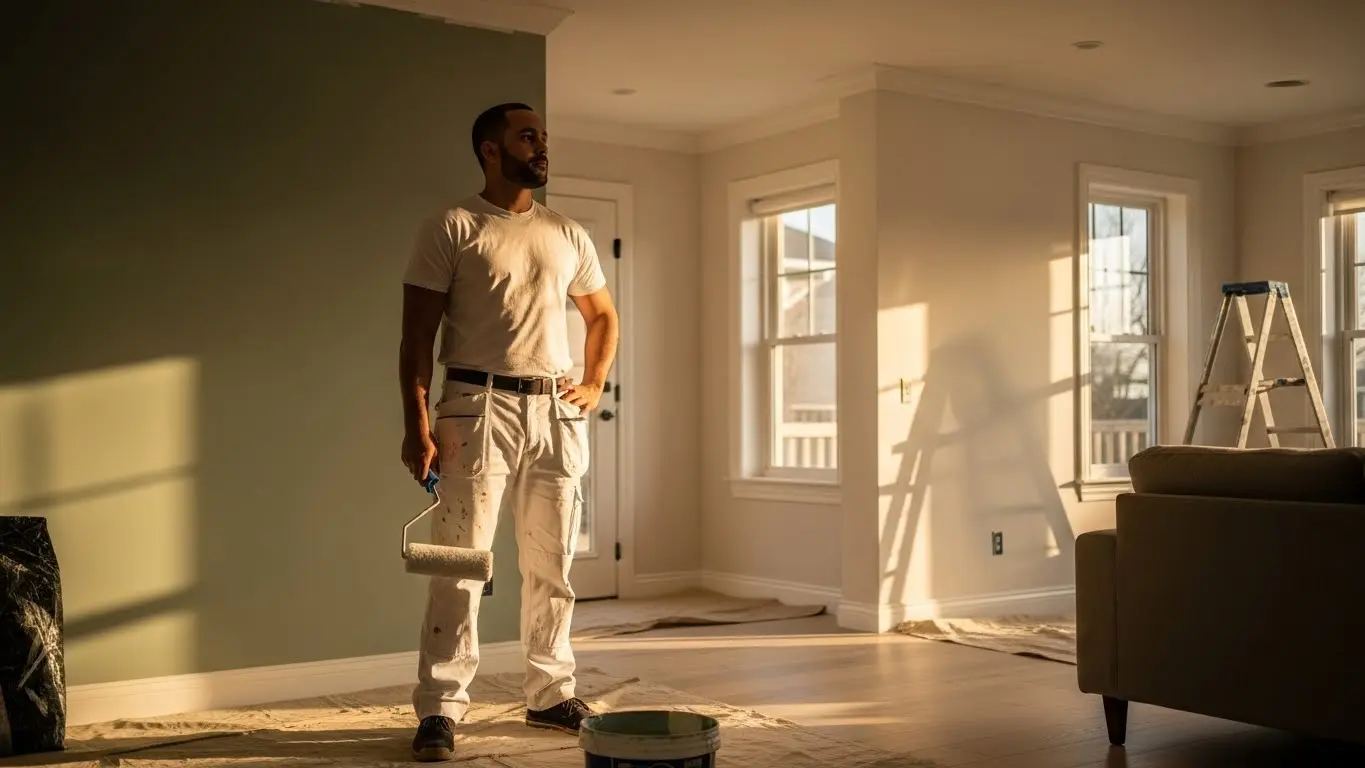 Professional painter admiring freshly completed interior painting work in modern living room