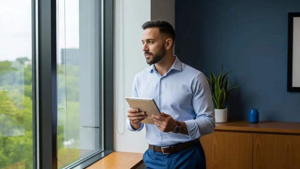 Business owner thoughtfully reviewing coverage information on tablet near office window