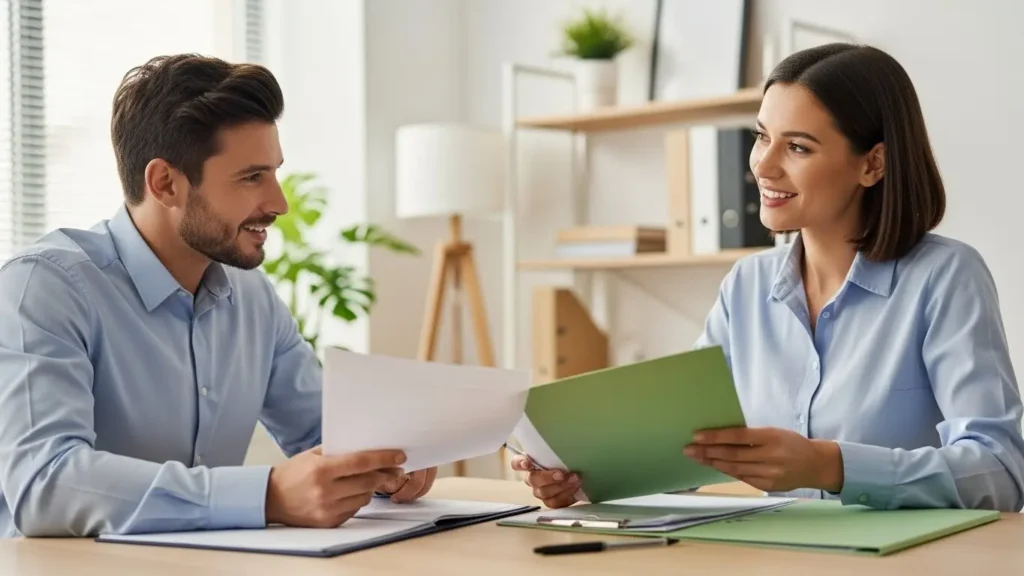 Business owner and claims professional reviewing documentation in collaborative meeting