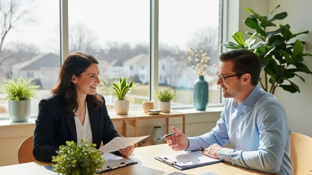 Business owner consulting with insurance professional in modern New Jersey office