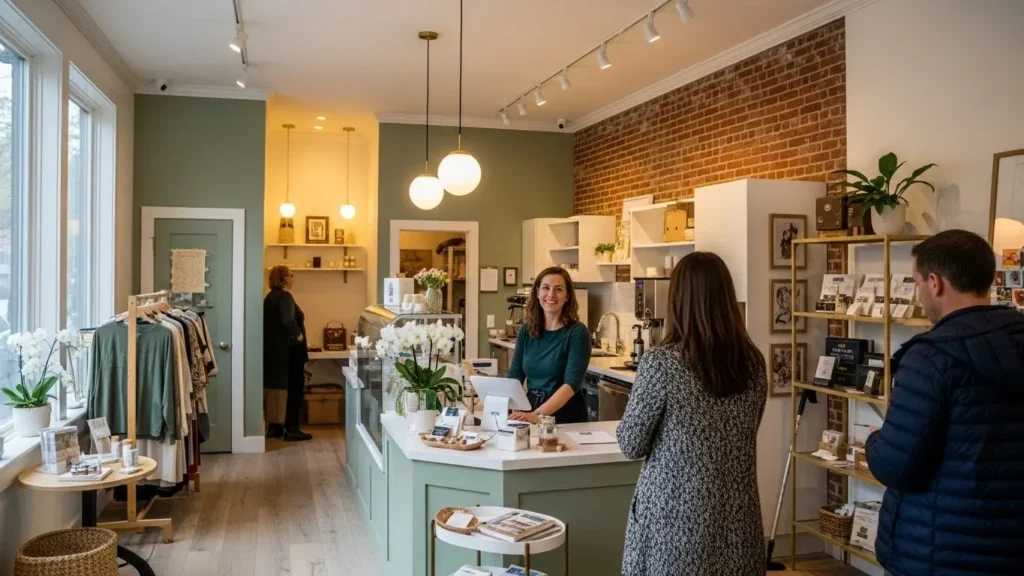 Thriving New Jersey small business cafe interior with owner serving customers