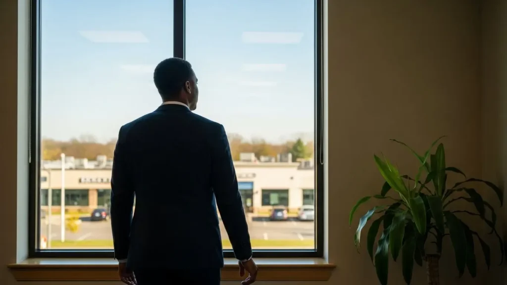 Confident New Jersey business owner looking out window at suburban business district