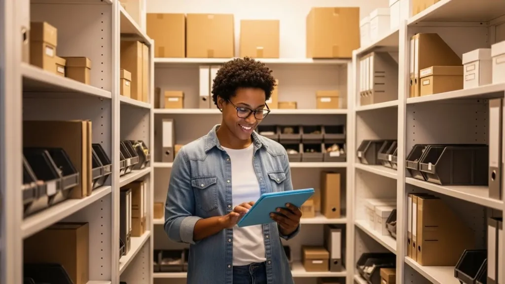 Small business owner checking organized inventory in efficient stockroom